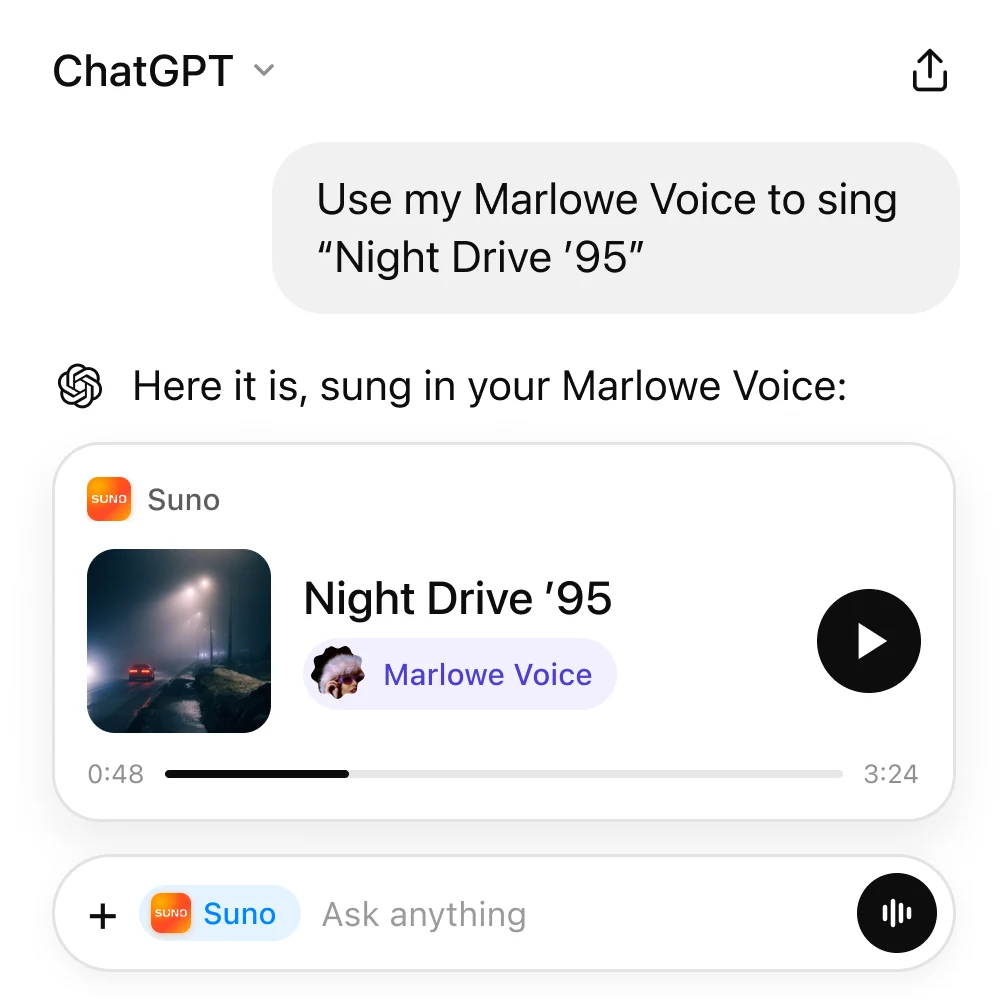 A picker for which saved Suno voice should sing Night Drive ’95